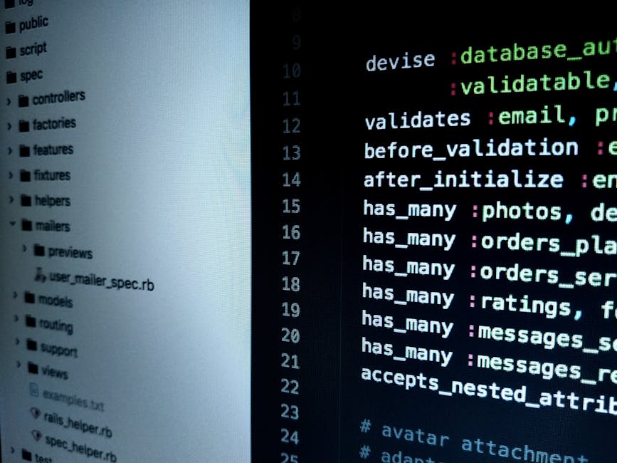 A computer screen displaying a close-up view of a software code editor with multicolored lines of code in red, green, blue, and purple text against a dark background. The code appears to include HTML 